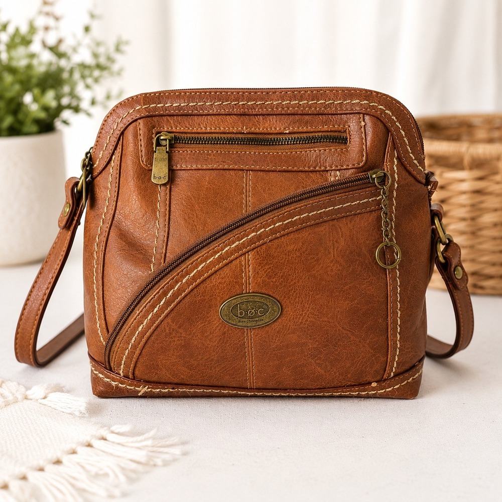 b.o.c. Born Concept Brown Faux Leather Crossbody Bag Organizer Purse Cognac